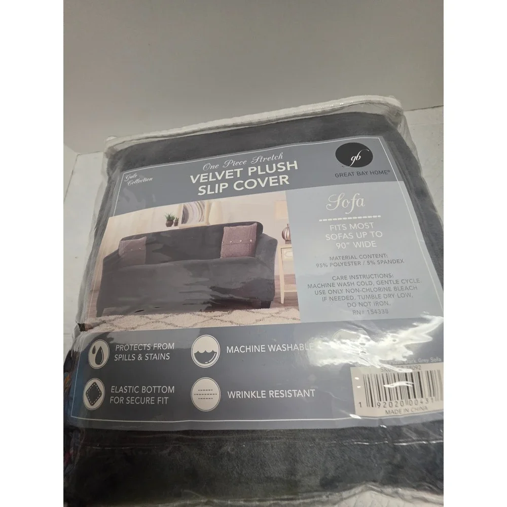 Great Bay Home Gale Collection Velvet Plush Sofa Slipcover Stretch Dark Grey 90